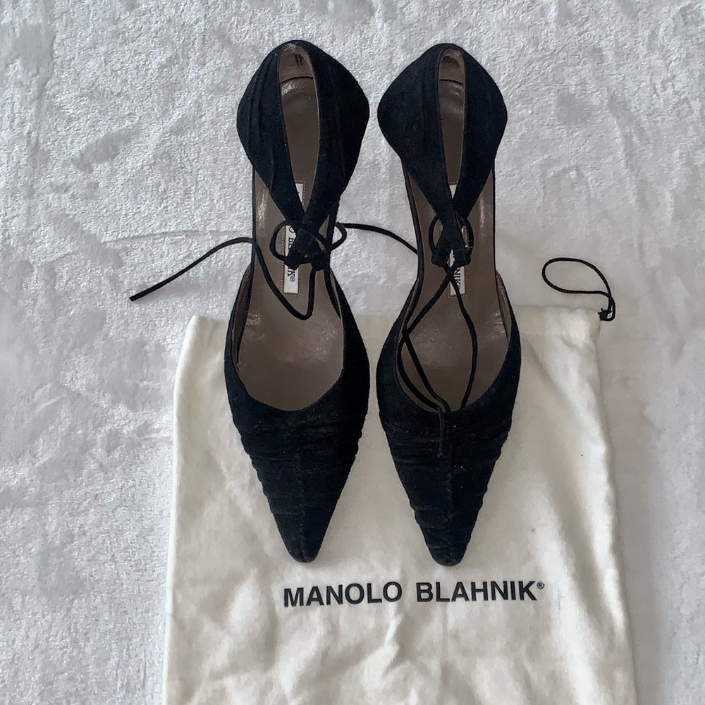 Vintage Manolo Blahnik Black Suede Pumps w/Ankle Strap, Approximate Size 10.5!
